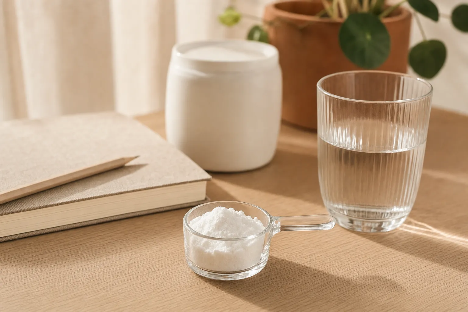 Creatine monohydrate powder in a small glass measuring scoop next to a glass of water and a notebook on a pale wooden desk in morning light