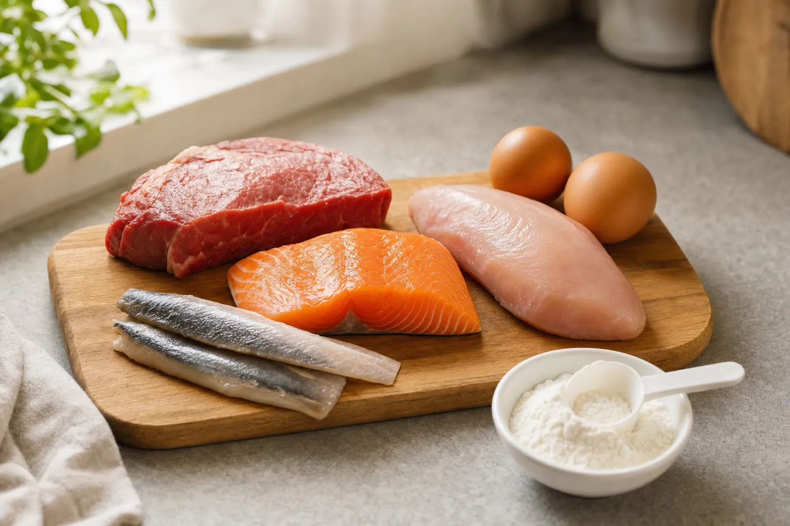 Wooden board with a raw beef steak, salmon fillet, herring, chicken breast and eggs, and a small dish of creatine powder for comparison