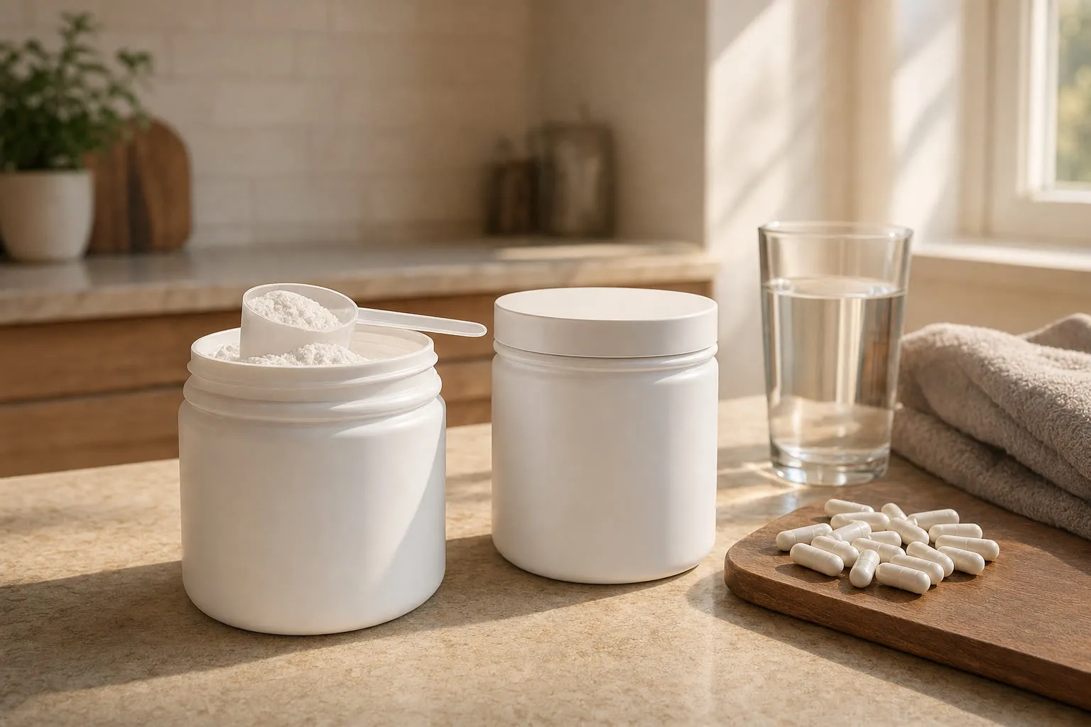 Two small unlabeled matte-white supplement jars on a warm stone kitchen counter, one open with a scoop of fine white creatine powder, a small pile of white capsules on a wooden board beside them, a glass of water in the soft background