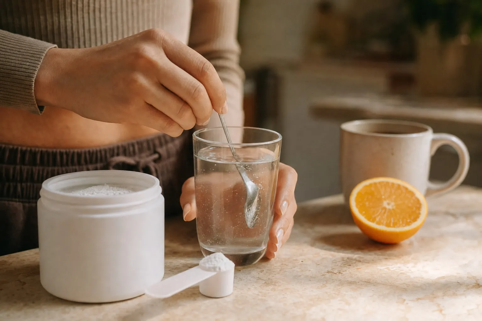 Woman's hands stirring a spoon in a tall glass of water on a warm stone kitchen counter, an open unlabeled white jar of fine creatine powder with a level scoop beside it, coffee and a halved orange out of focus