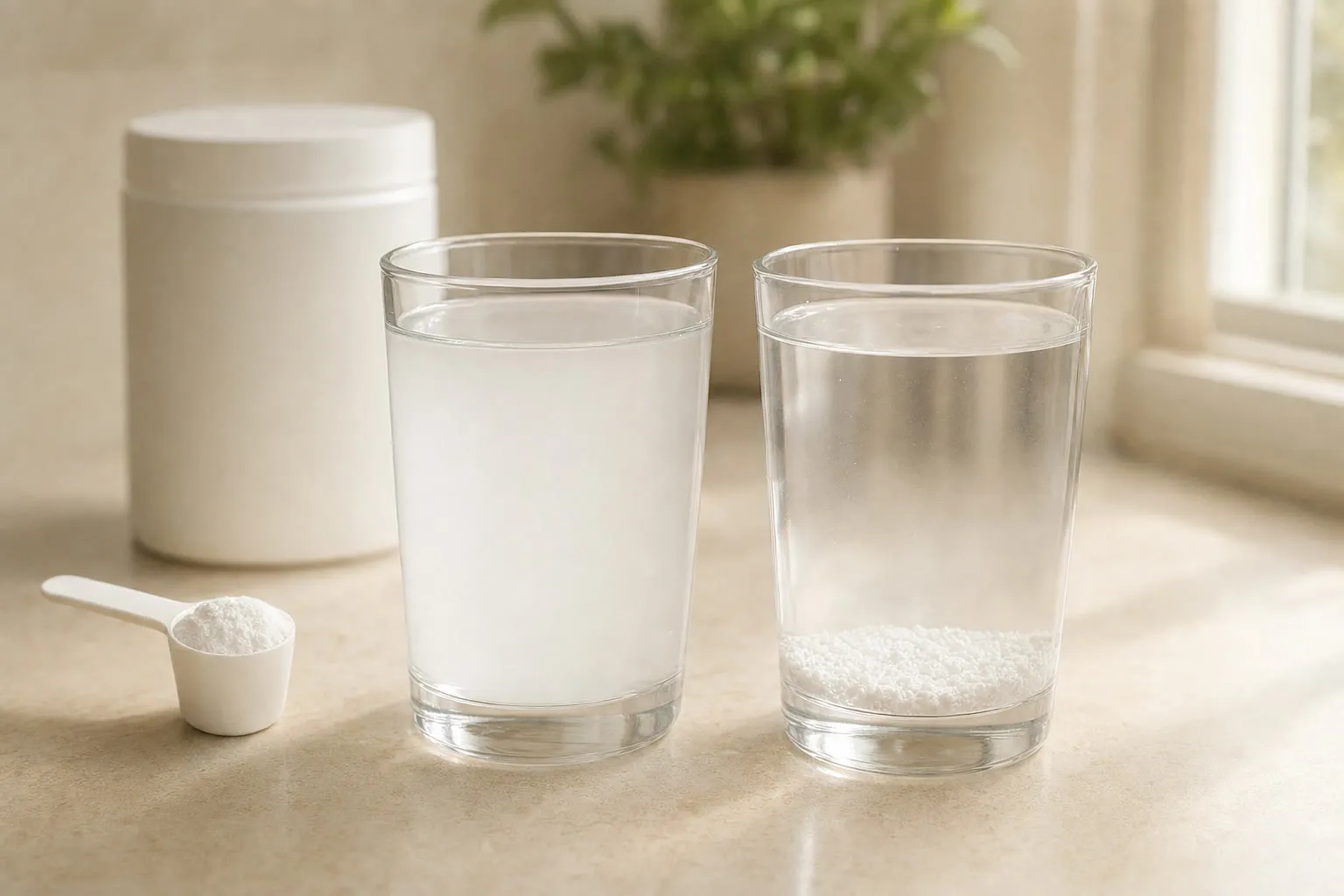 Two glasses of water on a beige counter: micronized creatine dispersed evenly through the left glass, regular creatine settled as a gritty layer in the right glass
