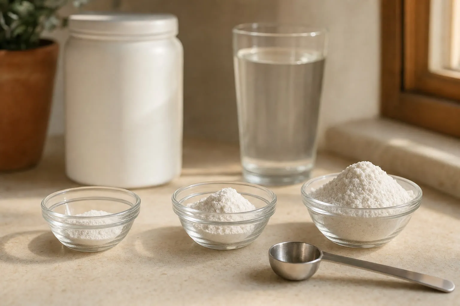 Three small glass bowls holding increasing amounts of fine white powder on a warm stone kitchen counter beside a level measuring scoop and a glass of water
