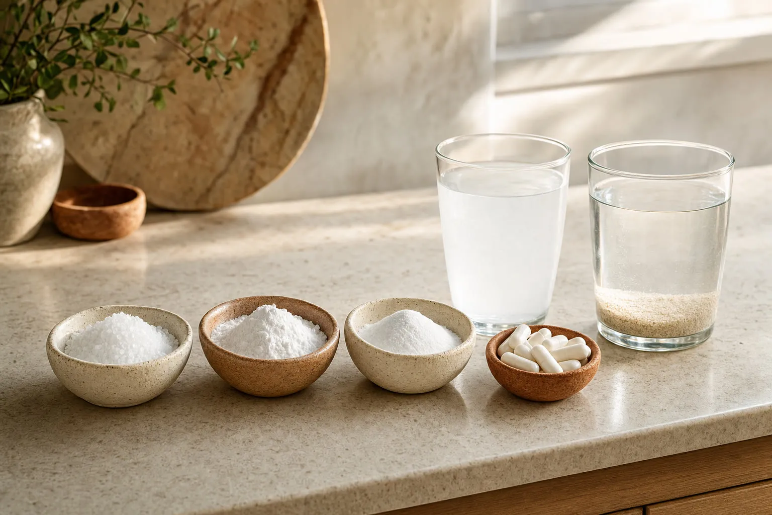 Four bowls of creatine powder and two glasses of water, one dissolved and one settled