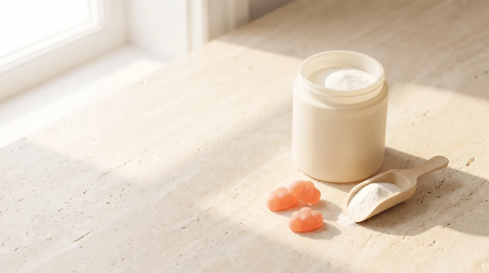Creatine monohydrate jar with scoop and gummies on a stone counter