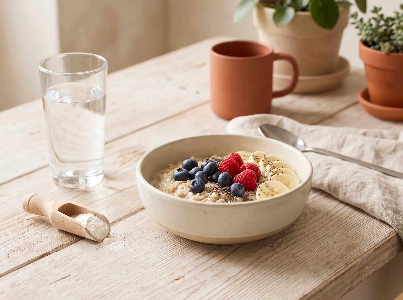 Plant-based breakfast bowl next to a glass of water with a scoop of creatine powder